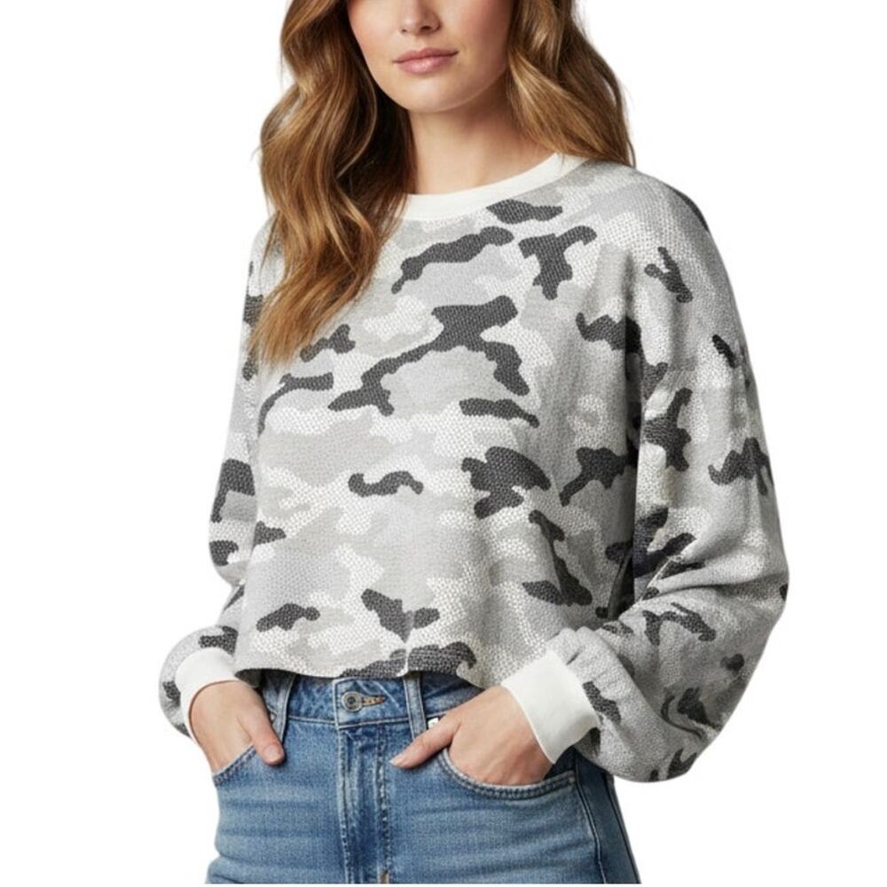 OAT New York Cropped Loose Fit Light Gray Camo Pullover Sweatshirt | M